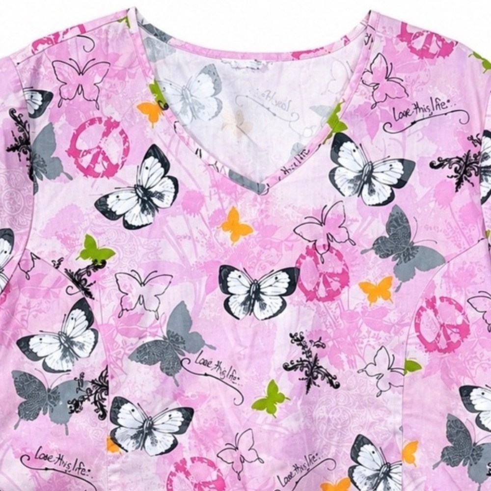 Love This Life Butterfly Print Scrub Top V Neck Medium Pink Nursing Medical